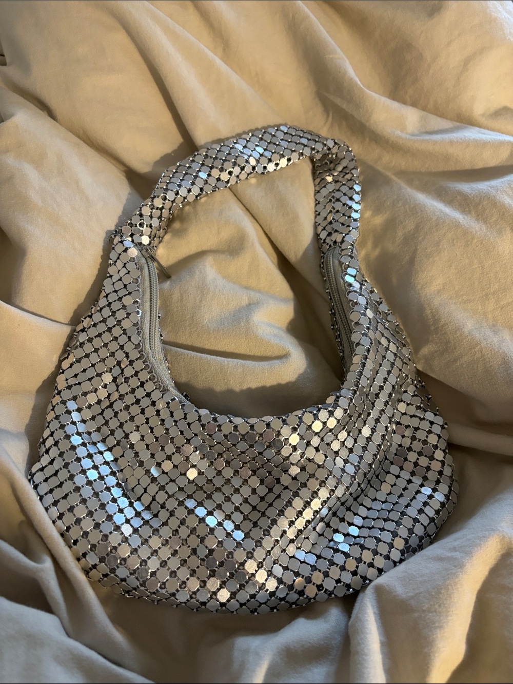 Silver Sequin Shoulder Bag with Shimmering Discs